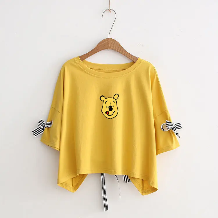 Women Yellow Bow Print T-Shirt Loose Sleeve Casual Top — feature 18