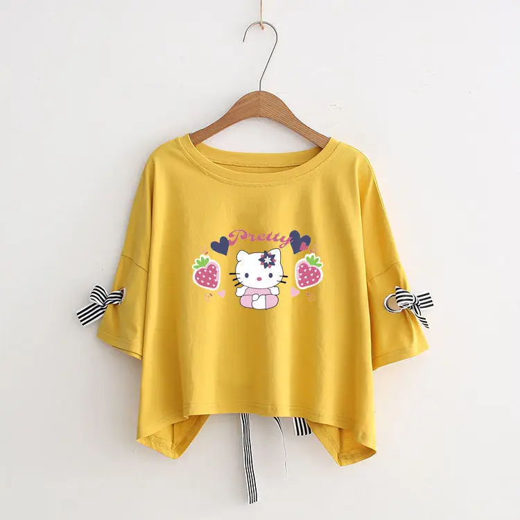 Women Yellow Bow Print T-Shirt Loose Sleeve Casual Top — feature 22