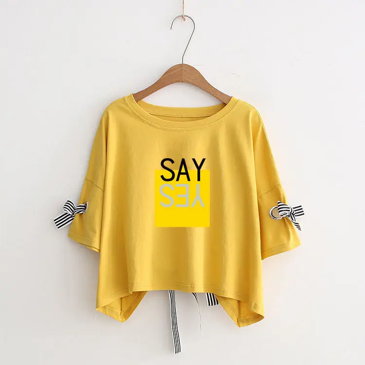 Women Yellow Bow Print T-Shirt Loose Sleeve Casual Top — feature 26