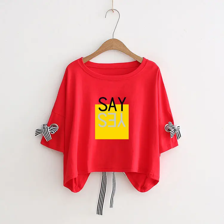 Women Yellow Bow Print T-Shirt Loose Sleeve Casual Top — feature 27