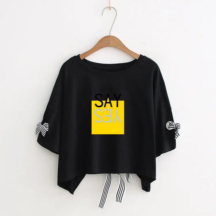 Women Yellow Bow Print T-Shirt Loose Sleeve Casual Top — feature 28