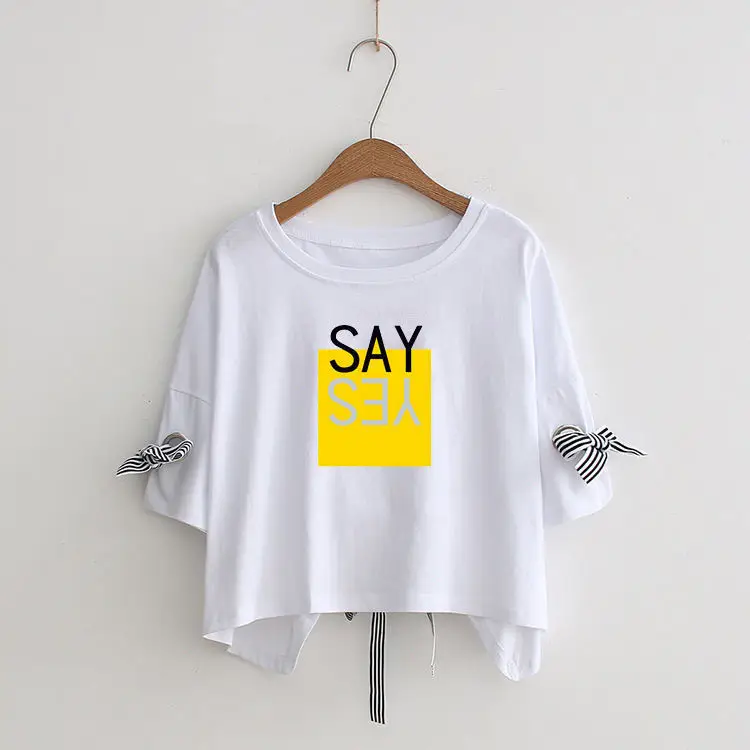 Women Yellow Bow Print T-Shirt Loose Sleeve Casual Top — feature 29
