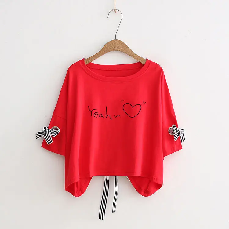 Women Yellow Bow Print T-Shirt Loose Sleeve Casual Top — feature 5