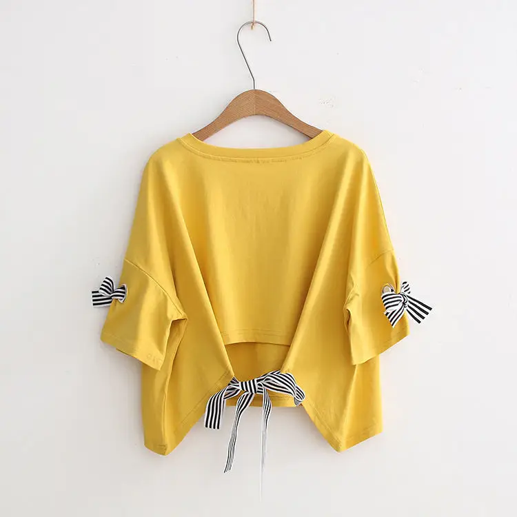 Women Yellow Bow Print T-Shirt Loose Sleeve Casual Top — feature 7