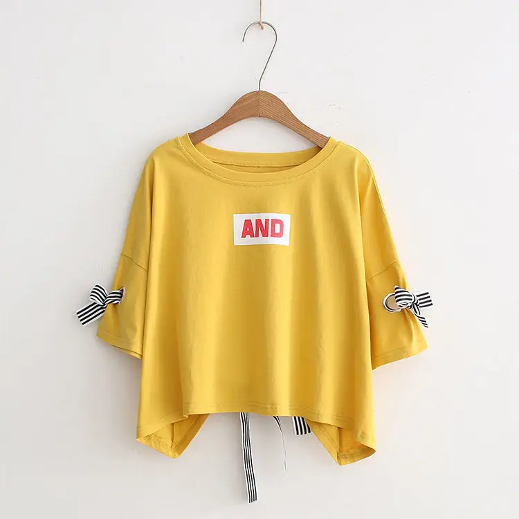 Women Yellow Bow Print T-Shirt Loose Sleeve Casual Top — feature 9