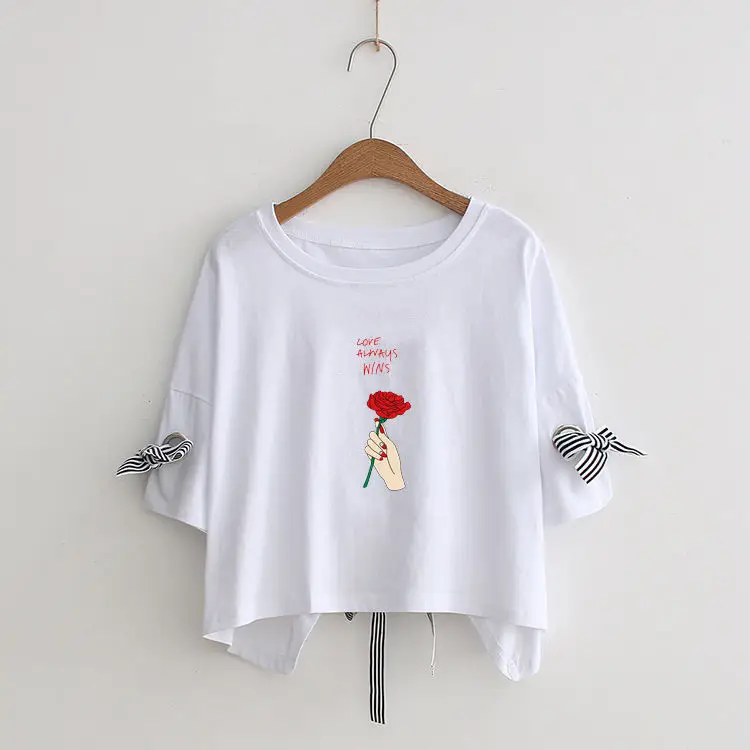 Women Yellow Bow Print T-Shirt Loose Sleeve Casual Top - Image 10