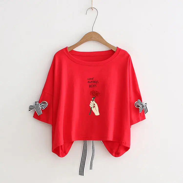 Women Yellow Bow Print T-Shirt Loose Sleeve Casual Top - Image 11