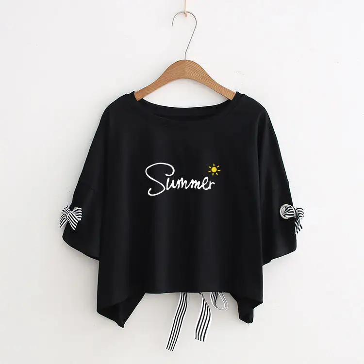 Women Yellow Bow Print T-Shirt Loose Sleeve Casual Top - Image 13