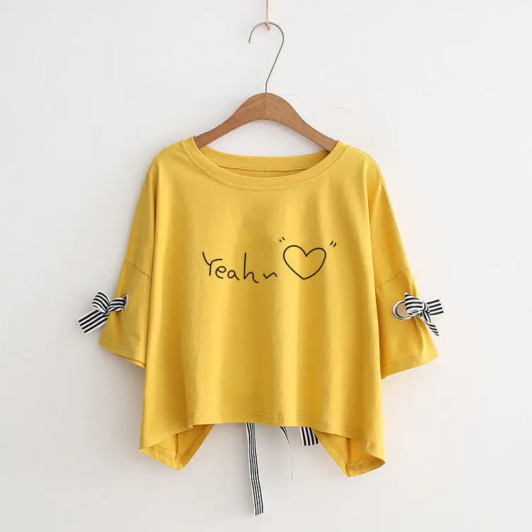 Women Yellow Bow Print T-Shirt Loose Sleeve Casual Top - Image 2