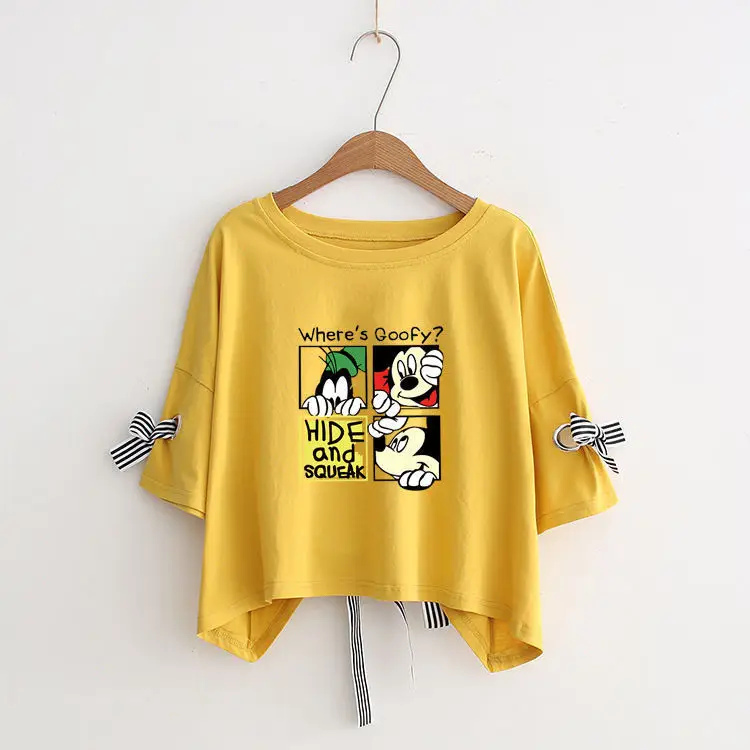 Women Yellow Bow Print T-Shirt Loose Sleeve Casual Top - Image 29