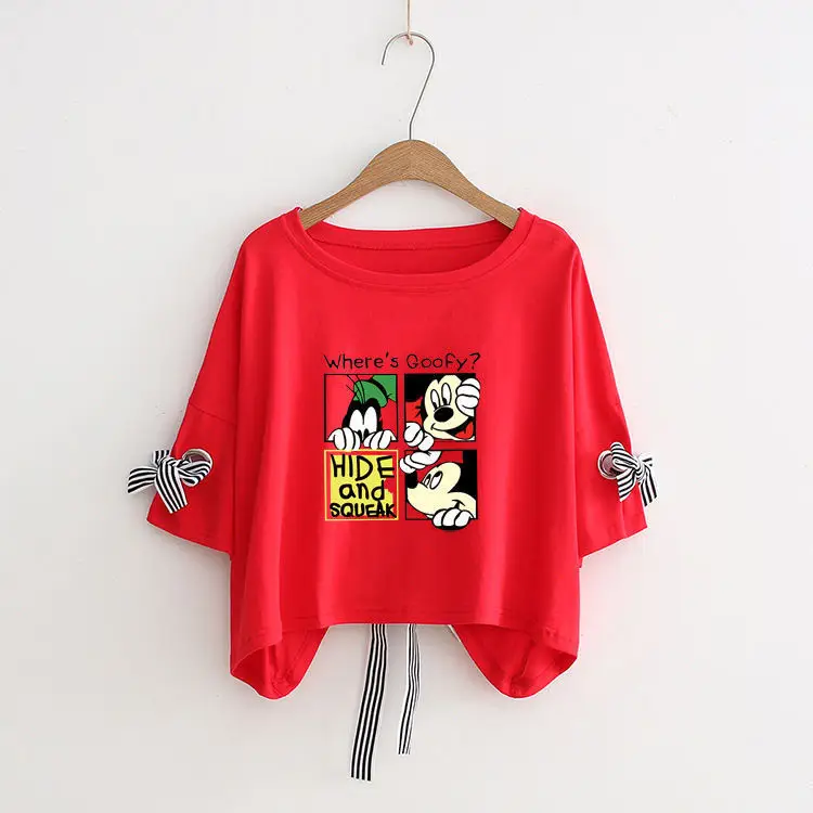 Women Yellow Bow Print T-Shirt Loose Sleeve Casual Top - Image 31