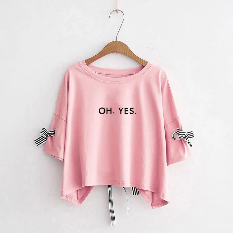Women Yellow Bow Print T-Shirt Loose Sleeve Casual Top - Image 34