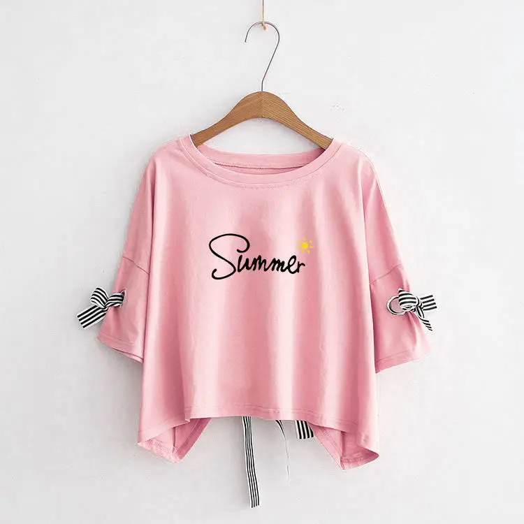 Women Yellow Bow Print T-Shirt Loose Sleeve Casual Top - Image 35