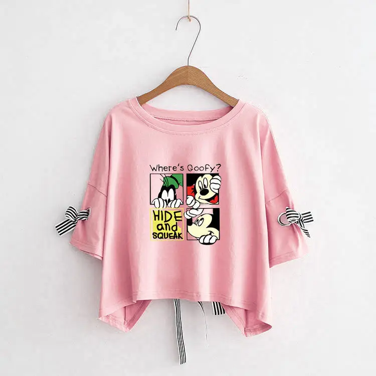 Women Yellow Bow Print T-Shirt Loose Sleeve Casual Top - Image 37