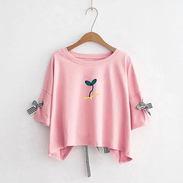 Women Yellow Bow Print T-Shirt Loose Sleeve Casual Top - Image 38