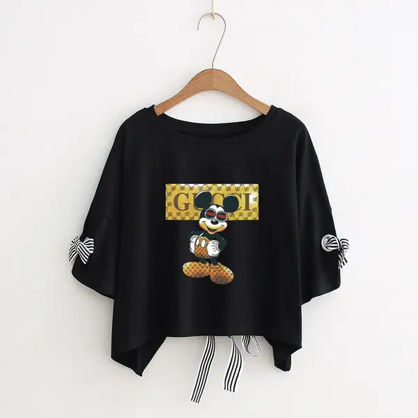 Women Yellow Bow Print T-Shirt Loose Sleeve Casual Top - Image 39