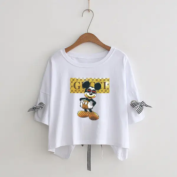 Women Yellow Bow Print T-Shirt Loose Sleeve Casual Top - Image 40