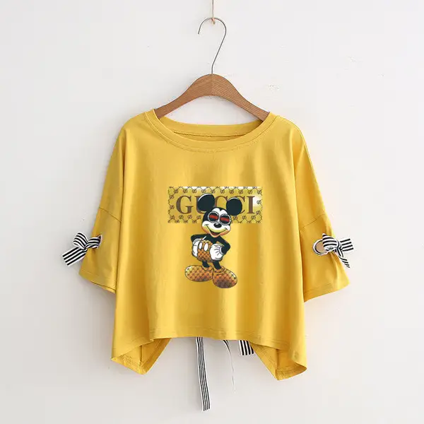 Women Yellow Bow Print T-Shirt Loose Sleeve Casual Top - Image 41