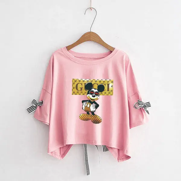 Women Yellow Bow Print T-Shirt Loose Sleeve Casual Top - Image 42