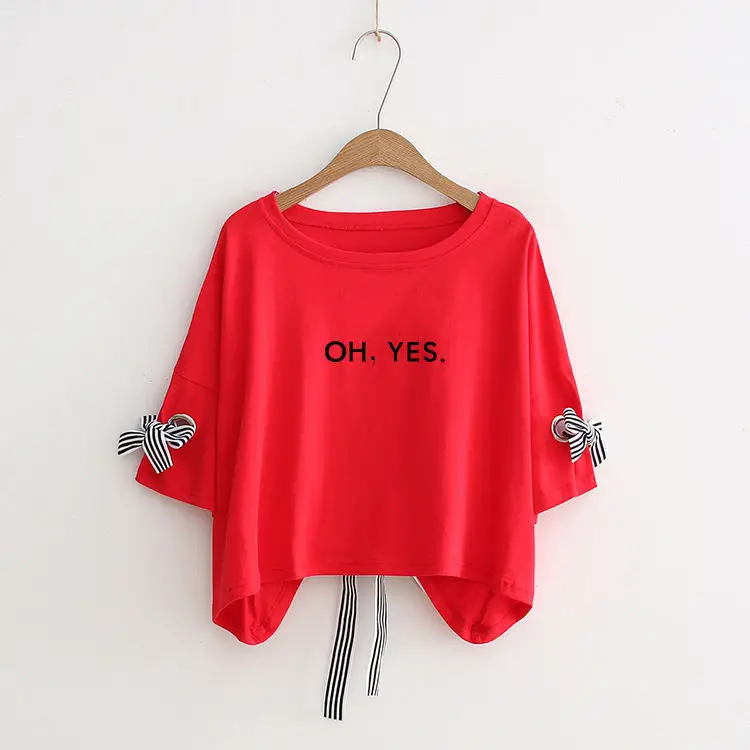 Women Yellow Bow Print T-Shirt Loose Sleeve Casual Top - Image 7
