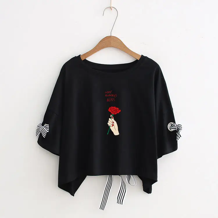 Women Yellow Bow Print T-Shirt Loose Sleeve Casual Top - Image 8