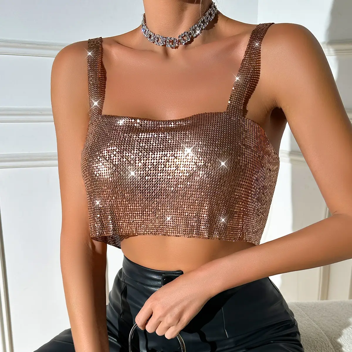 Golden Sequin Camisole Top for Women