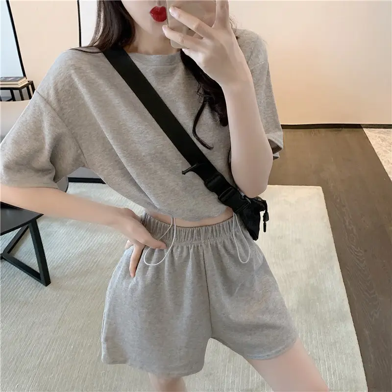Women Grey Casual Shorts Set Summer Lightweight — feature 1