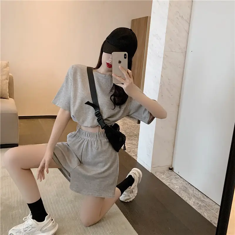 Women Grey Casual Shorts Set Summer Lightweight — feature 3