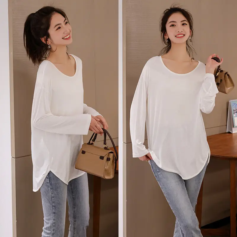 Women's White Long Sleeve T-Shirt Loose Fit Spring Summer - Image 9