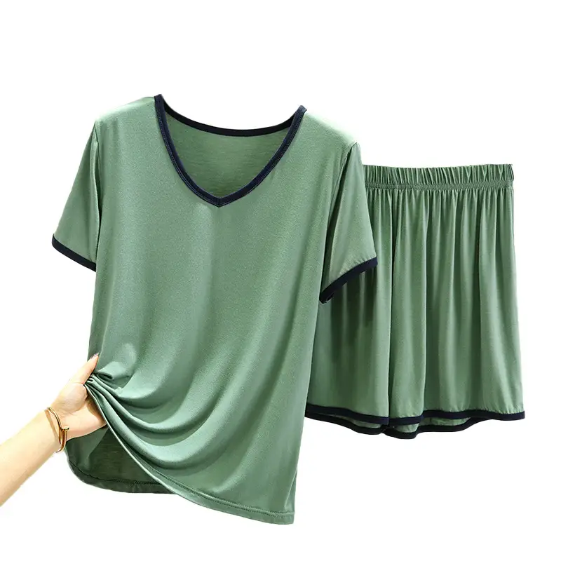 Women's Green Modal Pajama Set Large Summer T-Shirt Shorts