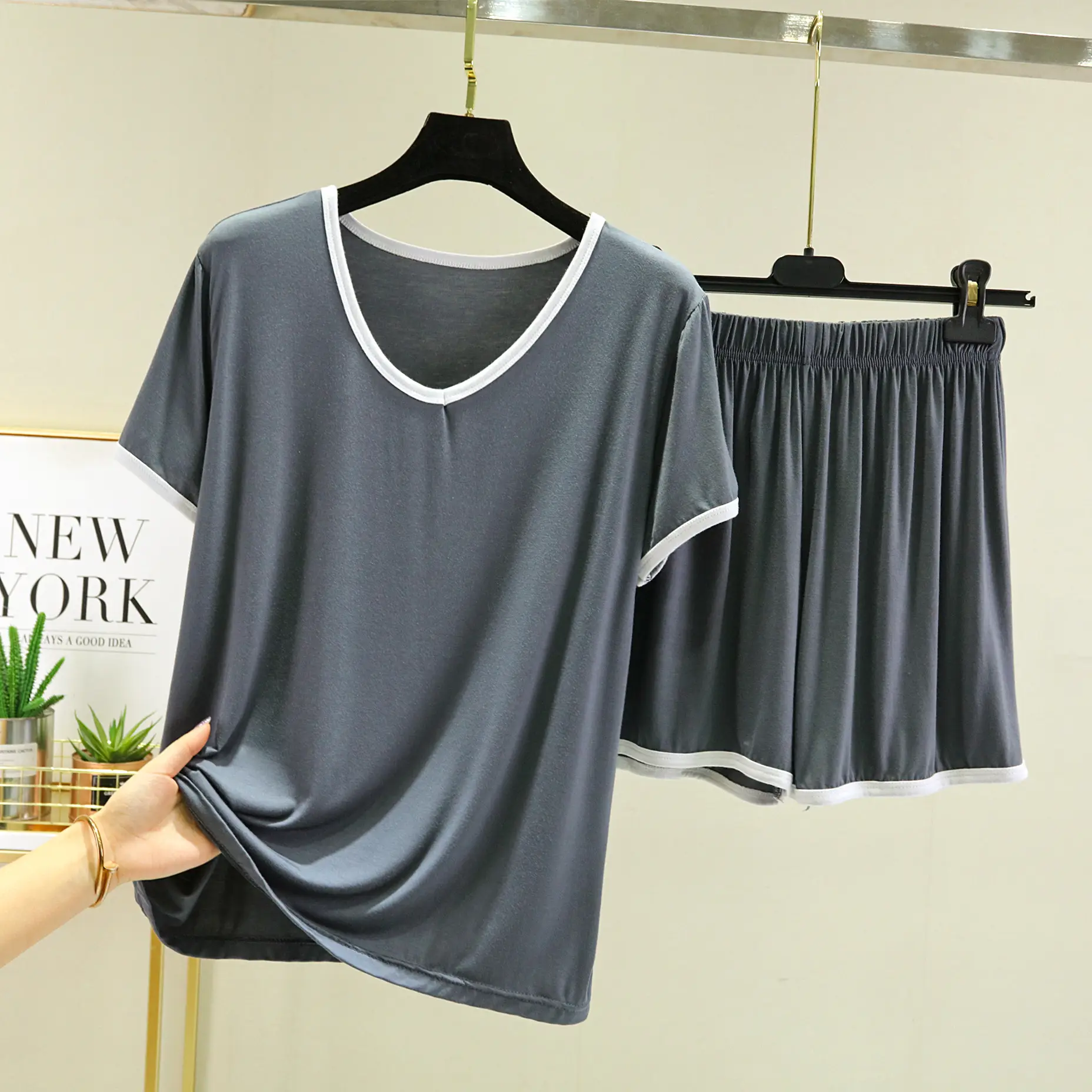 Women's Green Modal Pajama Set Large Summer T-Shirt Shorts