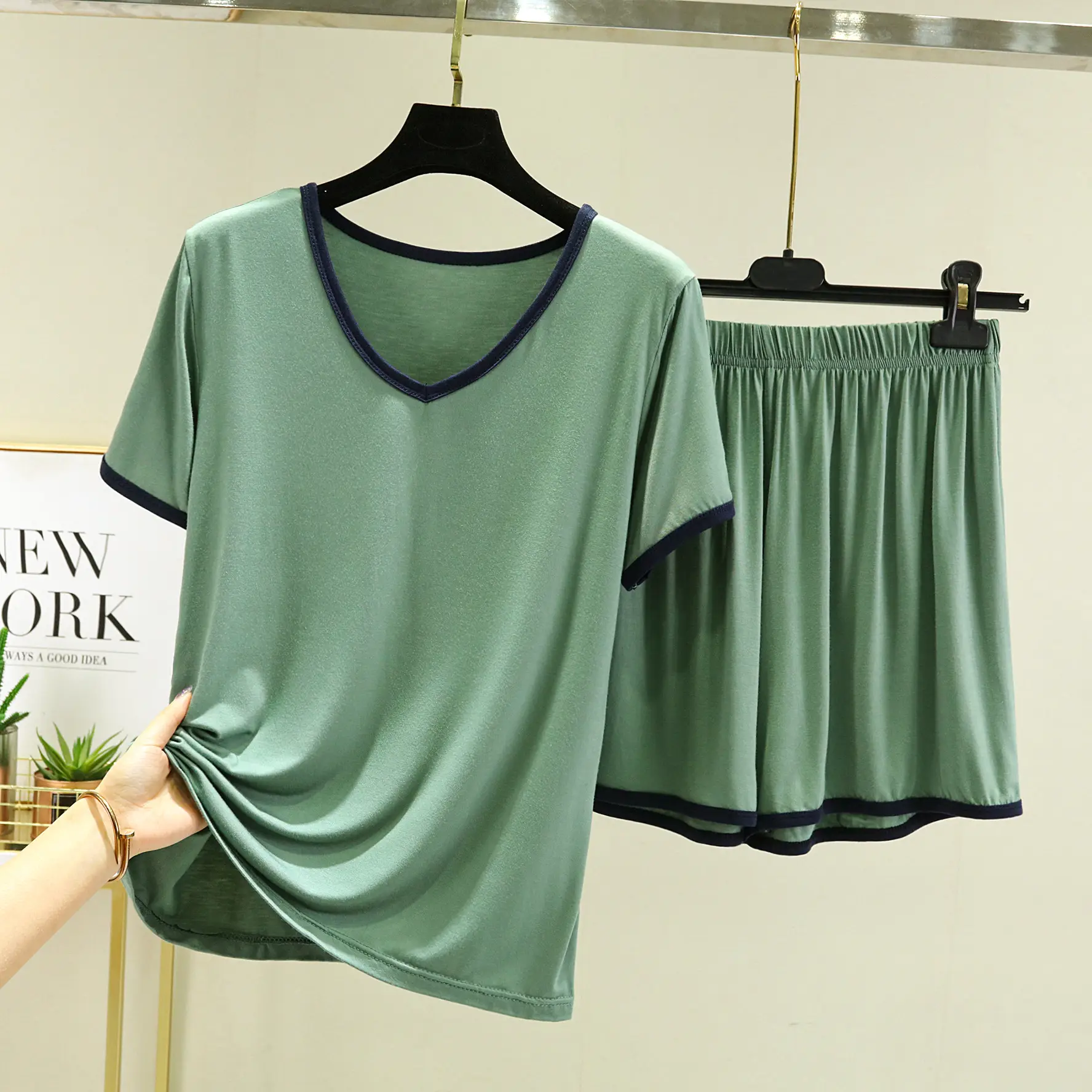 Women's Green Modal Pajama Set Large Summer T-Shirt Shorts