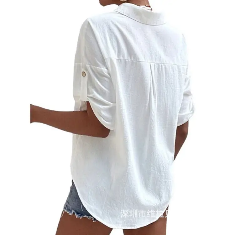 Women Button Down Shirt with Flap Pockets Navy Blue - Image 7