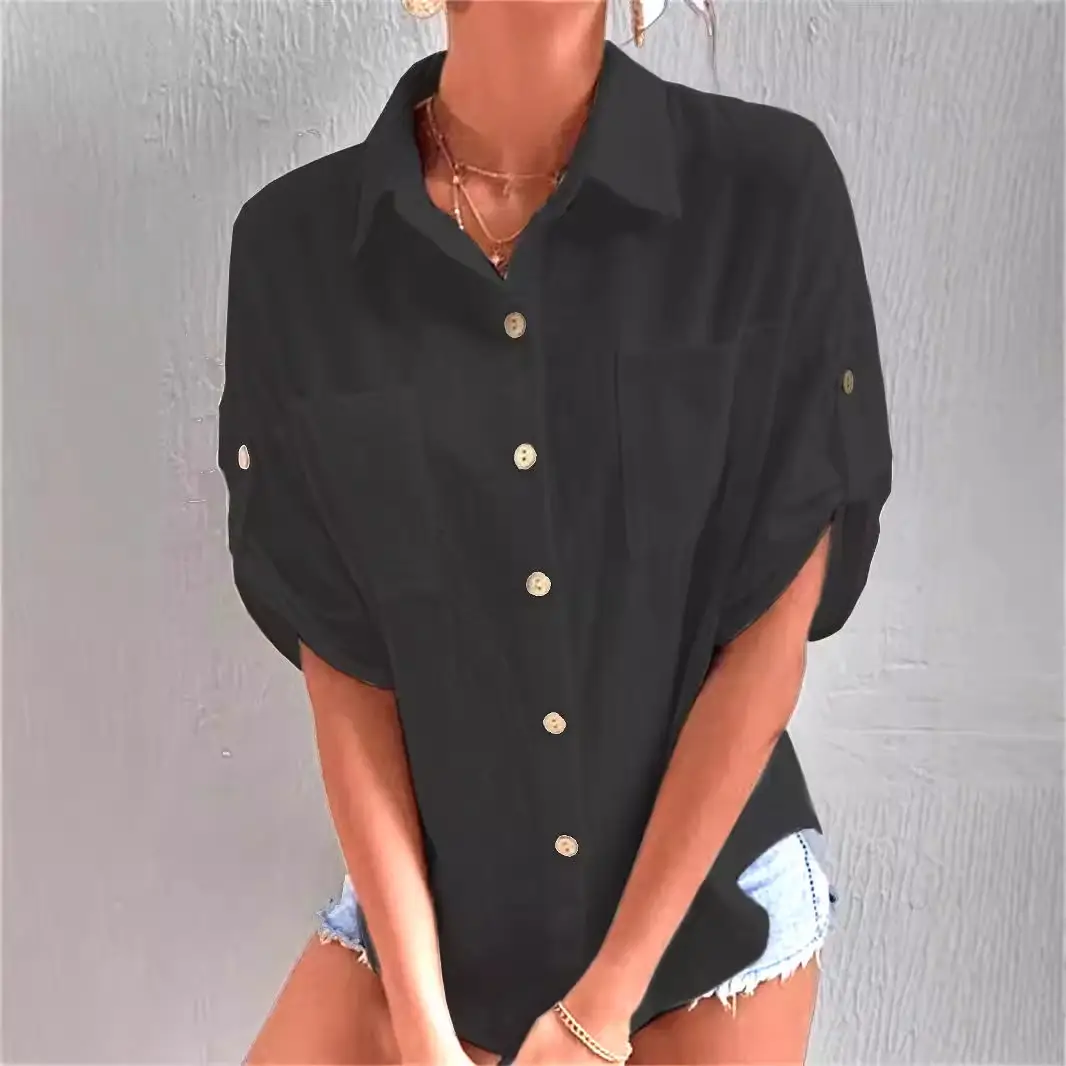 Women Button Down Shirt with Flap Pockets Navy Blue - Image 8