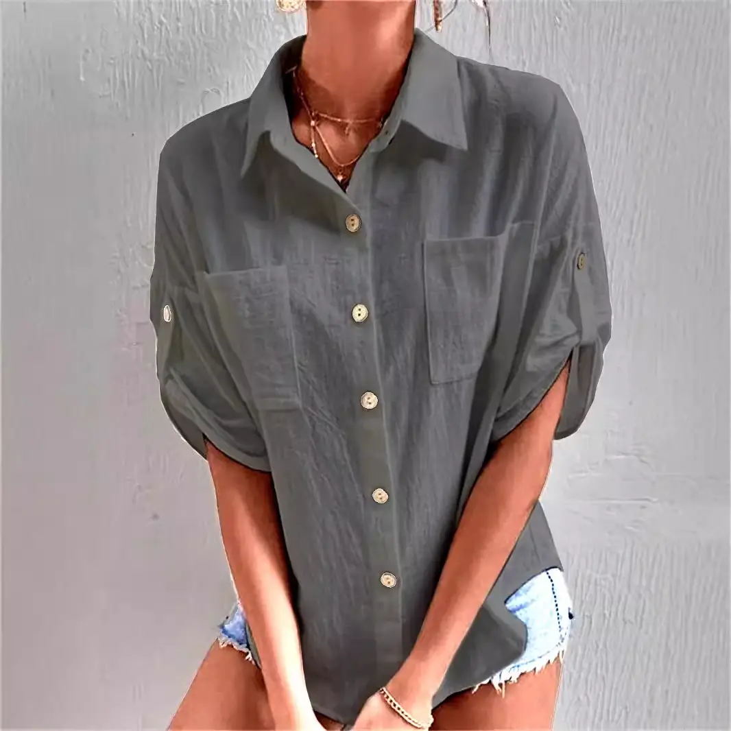 Women Button Down Shirt with Flap Pockets Navy Blue - Image 9