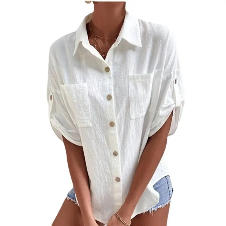 Women Button Down Shirt with Flap Pockets Navy Blue - Image 10