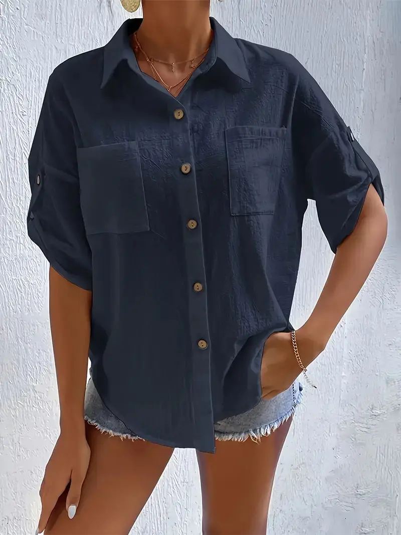 Women Button Down Shirt with Flap Pockets Navy Blue - Image 4