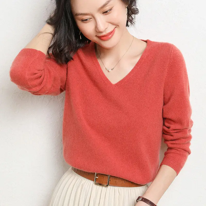 Women V-Neck Knitted Long Sleeve Shirt Red 2023 - Image 11