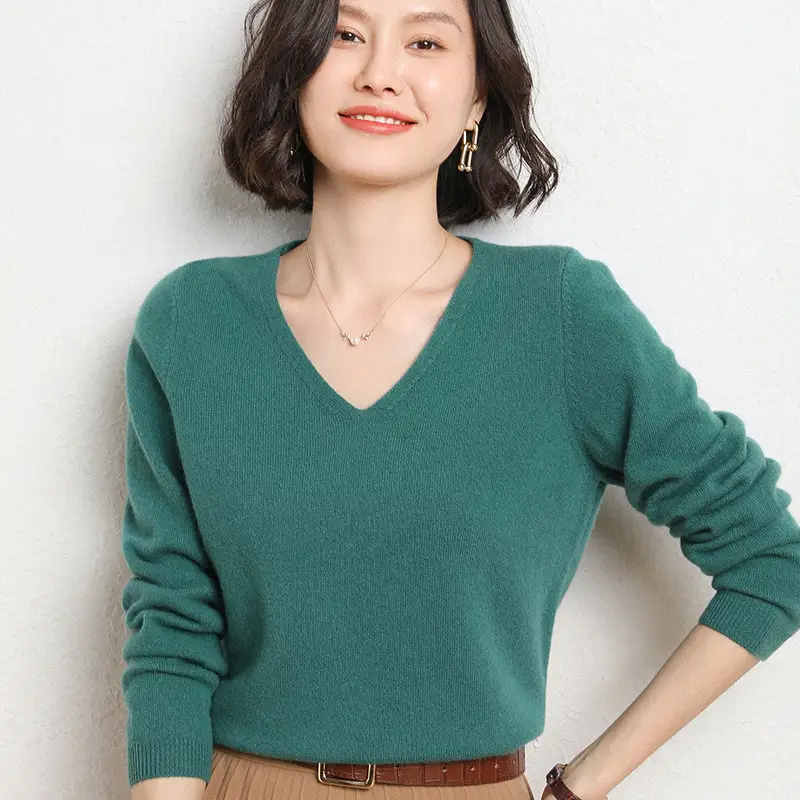 Women V-Neck Knitted Long Sleeve Shirt Red 2023 - Image 13