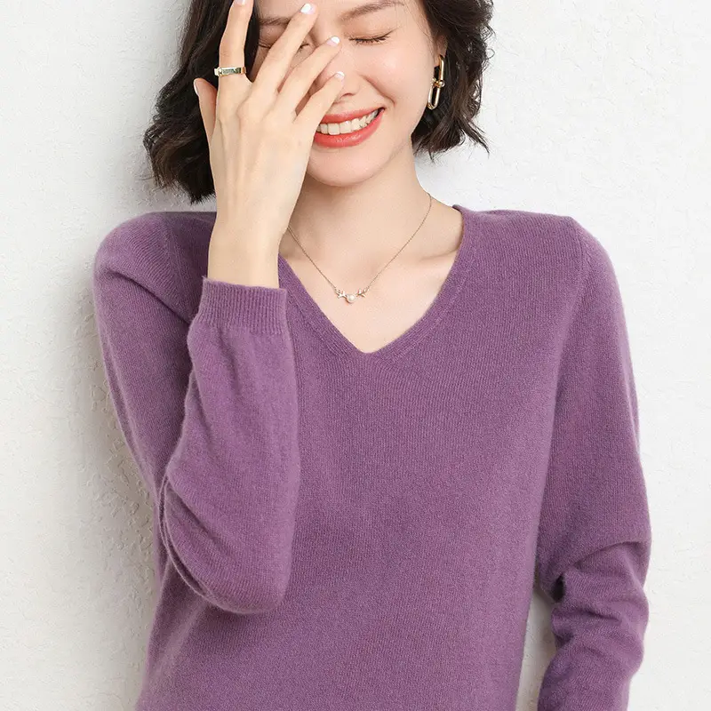 Women V-Neck Knitted Long Sleeve Shirt Red 2023 - Image 2