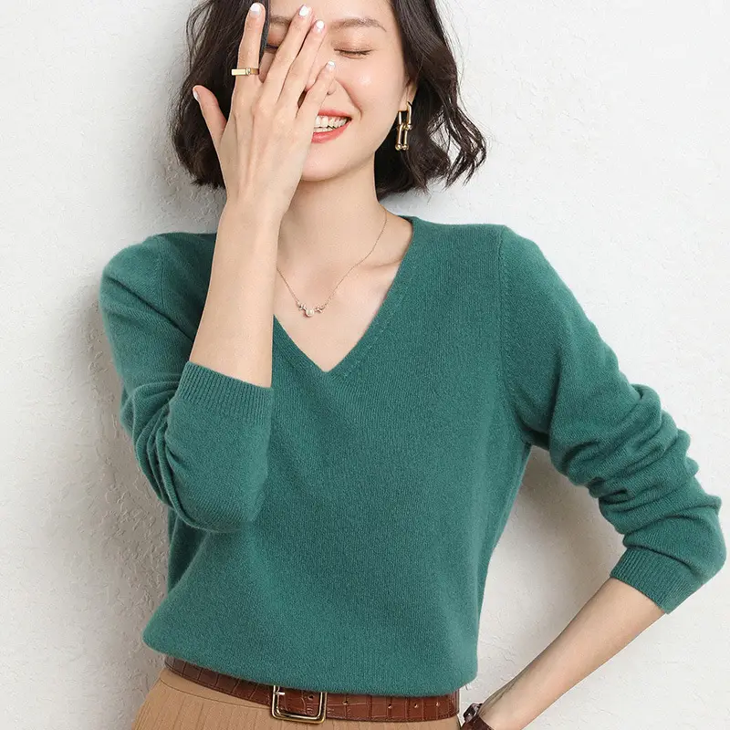 Women V-Neck Knitted Long Sleeve Shirt Red 2023 - Image 3