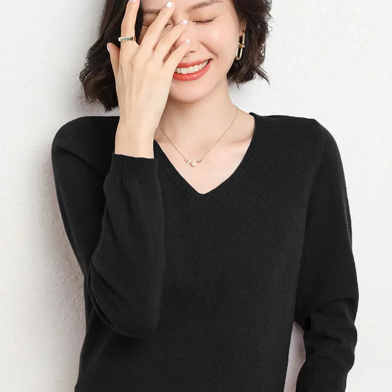 Women V-Neck Knitted Long Sleeve Shirt Red 2023 - Image 4