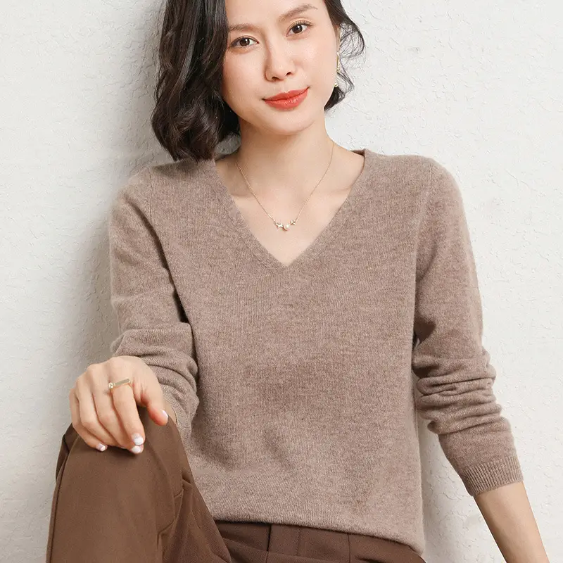 Women V-Neck Knitted Long Sleeve Shirt Red 2023 - Image 5