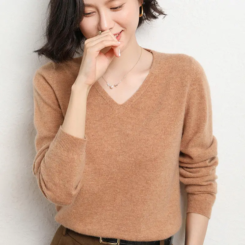Women V-Neck Knitted Long Sleeve Shirt Red 2023 - Image 6