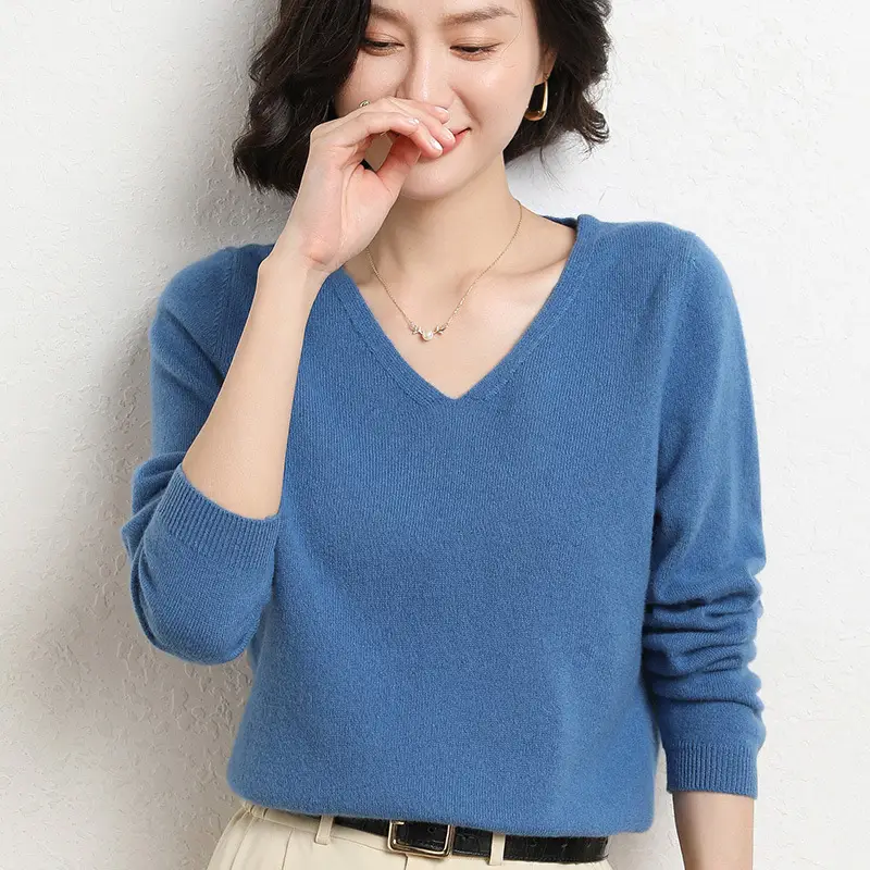 Women V-Neck Knitted Long Sleeve Shirt Red 2023 - Image 8