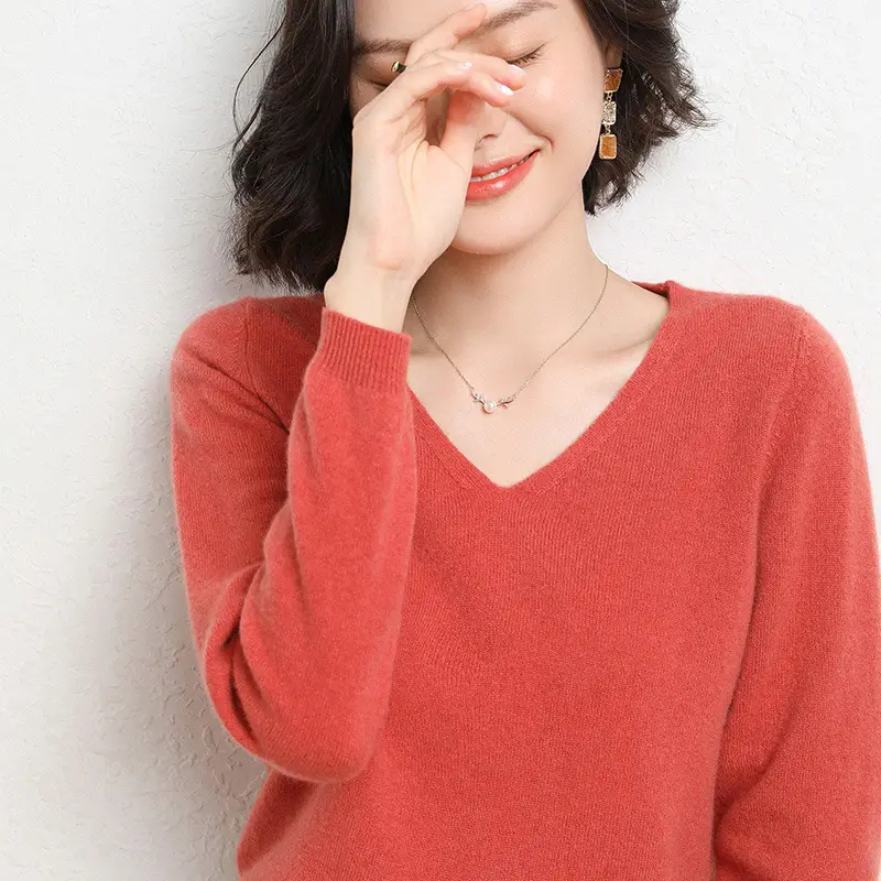 Women V-Neck Knitted Long Sleeve Shirt Red 2023 - Image 9