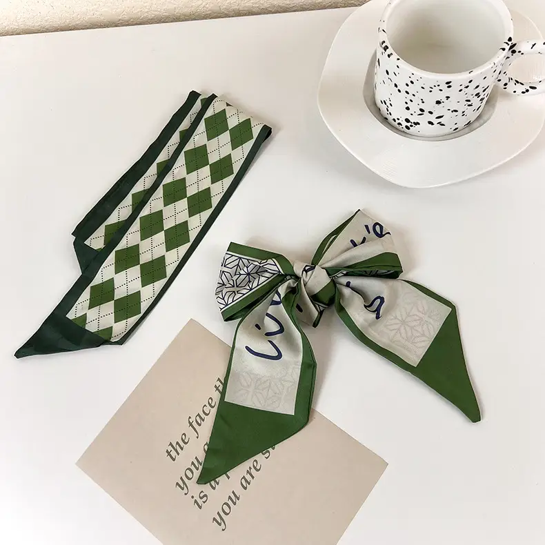 Green Checkered Hair Scarf for Women Spring Summer - Image 7