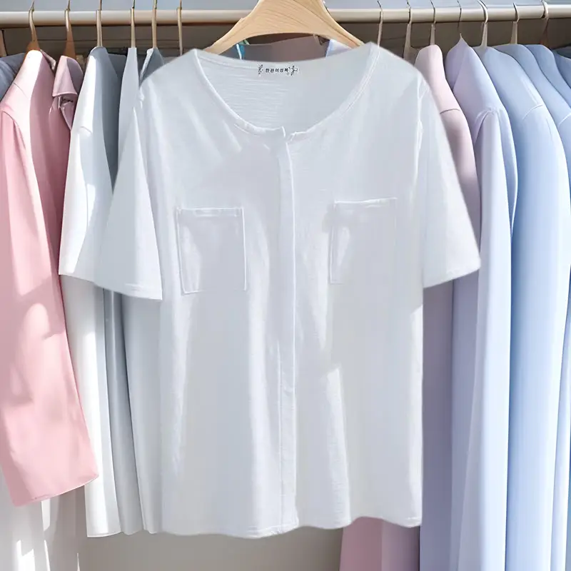 Women V-Neck Bamboo Cotton T-Shirt White Loose Summer - Image 3