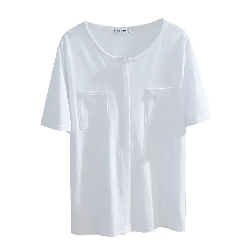 Women V-Neck Bamboo Cotton T-Shirt White Loose Summer - Image 7
