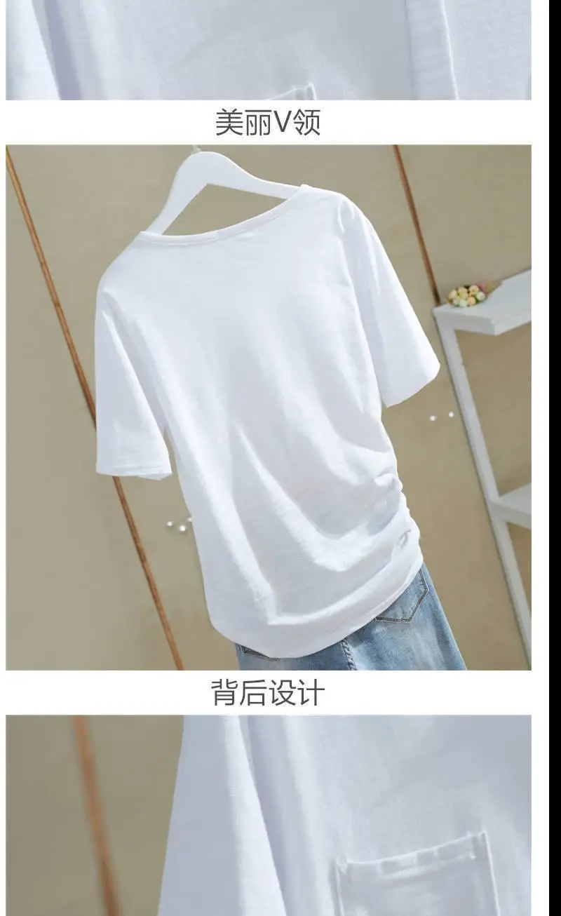 Women V-Neck Bamboo Cotton T-Shirt White Loose Summer — feature 4